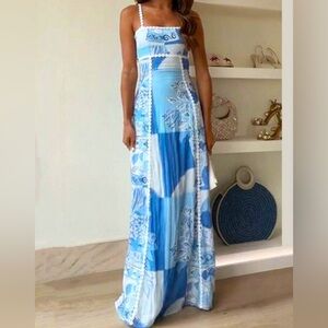Blue and White Spaghetti Strap Sundress for Resort Wear